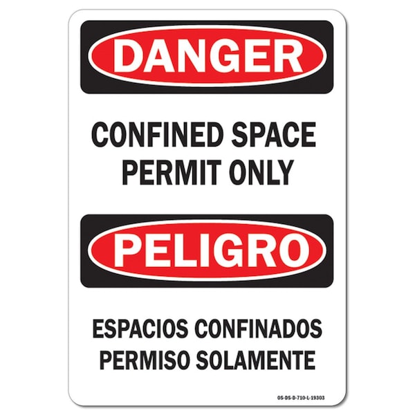 OSHA Sign, Confined Space Permit Bilingual, 18in X 12in Rigid Plastic, 18" W, 12" H, Landscape